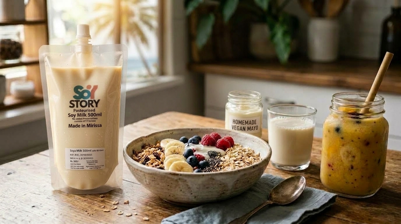 SoyStory Soy Milk 500ml pouch on table with oats, vegan mayo, smoothie, and chilled glass
