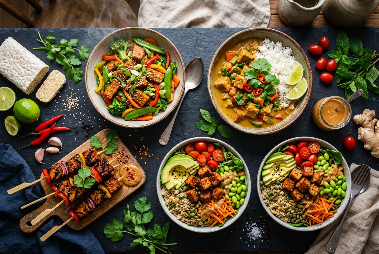 A spread of delicious tempeh dishes